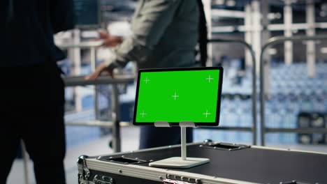 data center it professionals check ai dashboard using isolated screen tablet