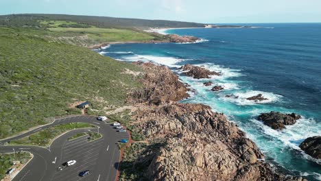 Beautiful-spot-in-Yallingup,-limestone-rocks-by-the-Indian-ocean-in-Australia-by-drone