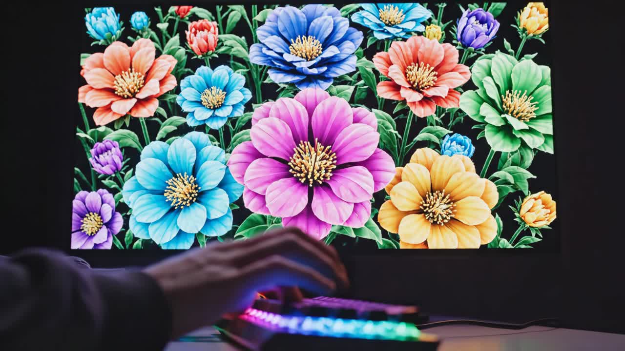 Typing on a colorful keyboard in front of a monitor