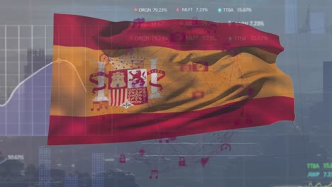 animation of financial data processing over flag of spain and cityscape