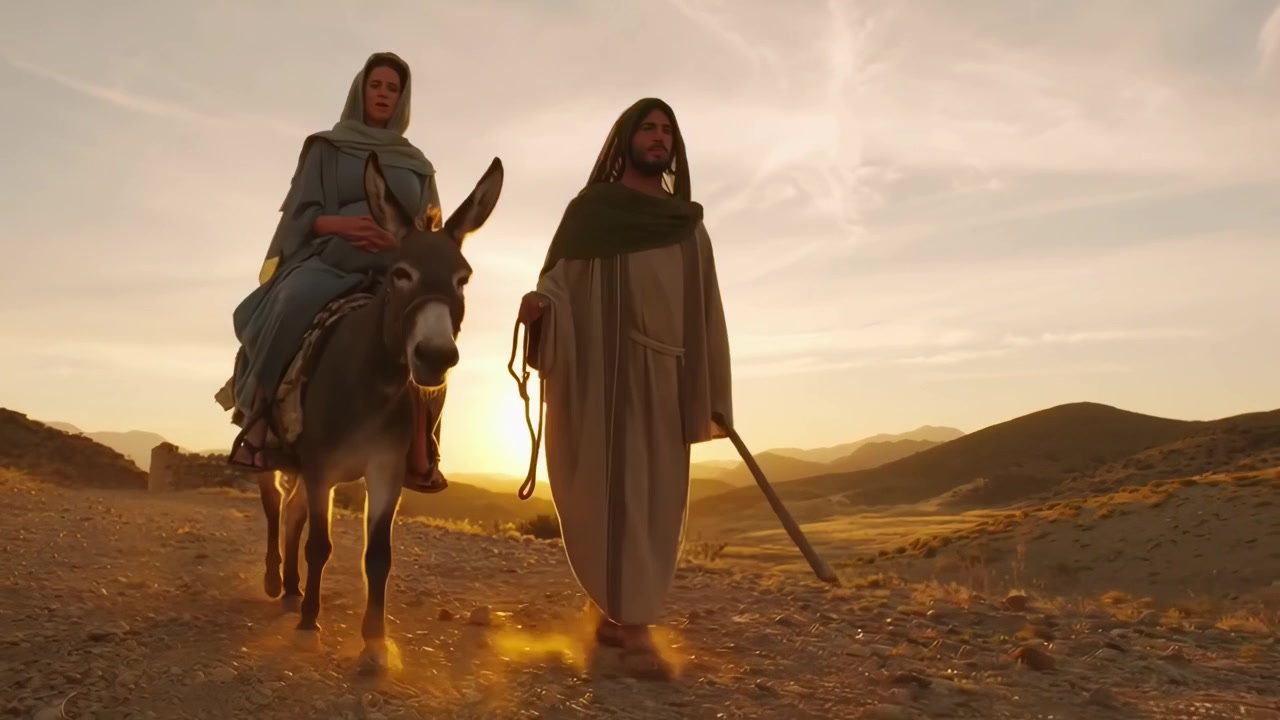Coppia biblica in viaggio su un asino attraverso un paesaggio desertico al tramonto