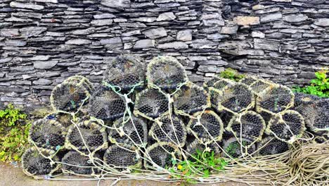 ireland epic locations lobster pots on the harbour wall,slade fishing harbour hook head wexford