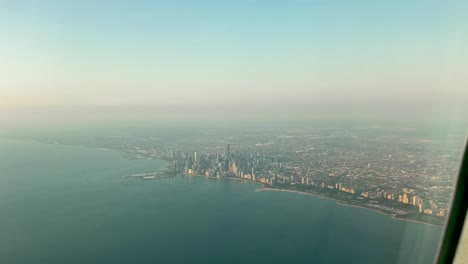 downtown chicago city shoreline - establishing aerial bird's eye view