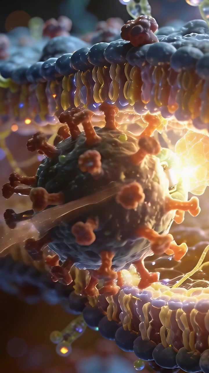 Vertikal video: Receptor-kontakt der trækker virus via tether til dobbeltlag, fusionerer og trænger ind i cellen