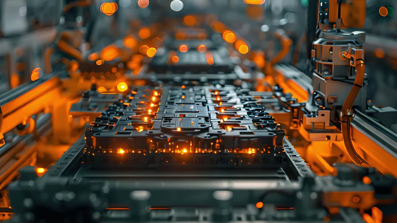 Automated Industrial Manufacturing Line with Glowing Components