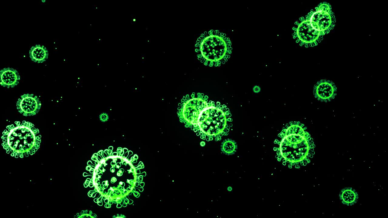 Immagine olografica verde luminosa di coronavirus come il virus COVID-19 o il virus dell'influenza che vola nell'aria o fluttua dolcemente su sfondo nero. Animazione 3D in 4K in loop. Per presentazione informativa