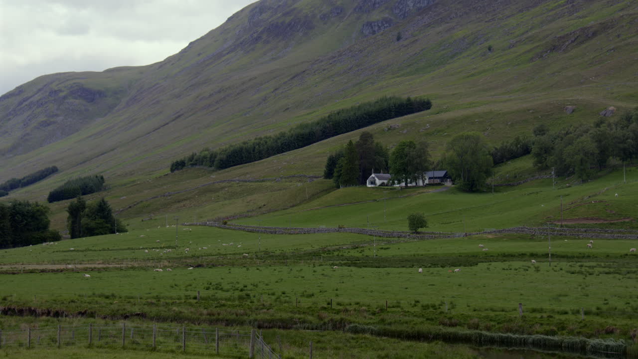 Wide panning shot right to left looking up the Glen Clova Valley at the Village of clova