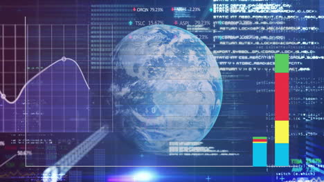 animation of statistics and financial data processing wtih globe over grid