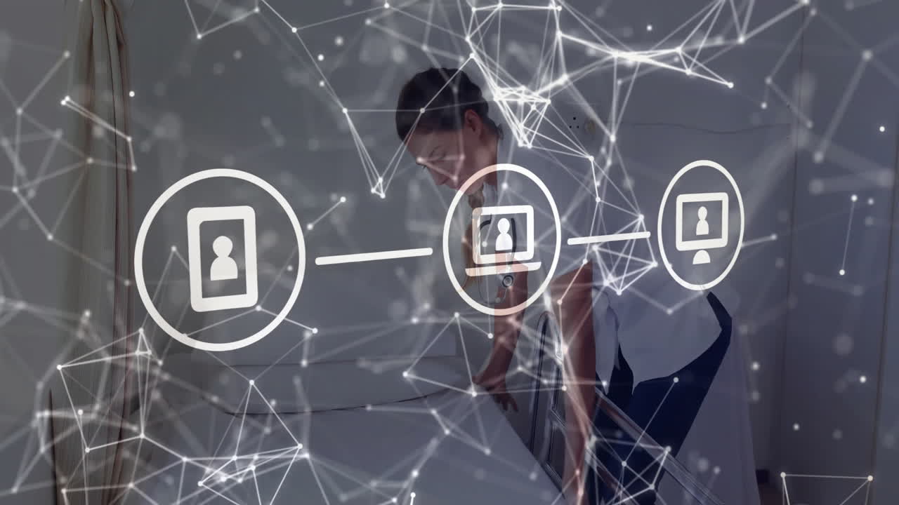 Nurse adjusting hospital bed in medical room, displaying animated network nodes and device icons