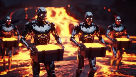 futuristic robots emerge from a fiery landscape, carrying glowing containers filled with molten substance, showcasing a blend of science fiction and awe-inspiring visuals
