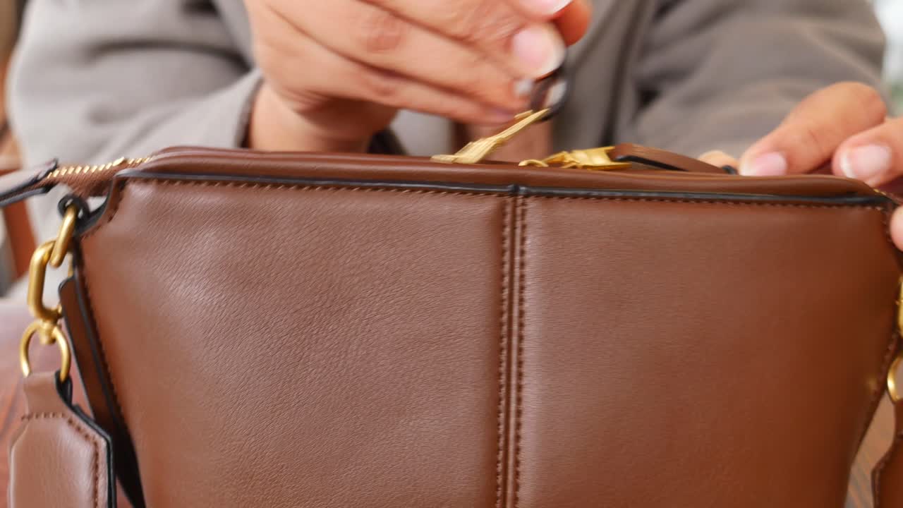 primer plano de una bolsa de cuero marrón con una cremallera