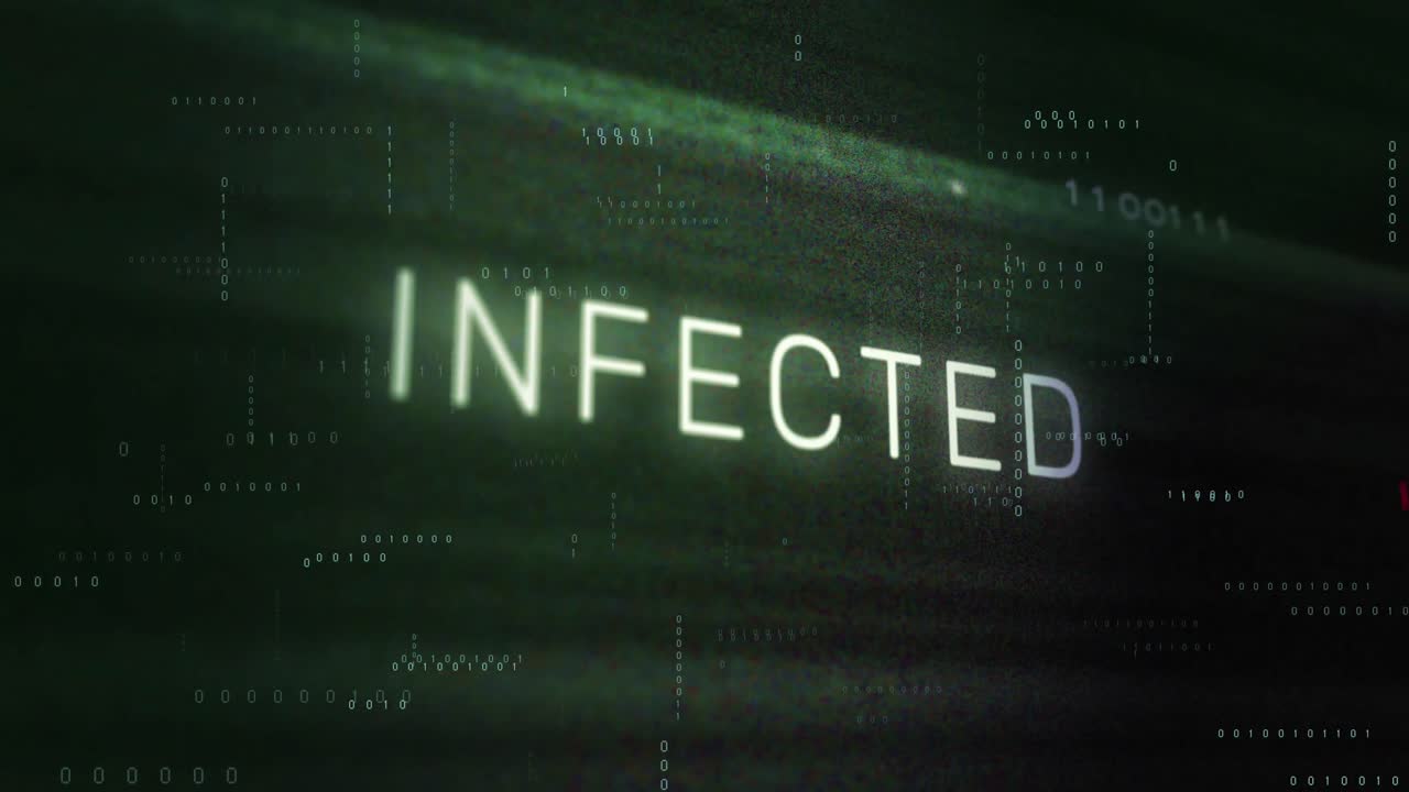 검은색 배경의 모양 위에 감염된 텍스트와 이진 코딩의 애니메이션