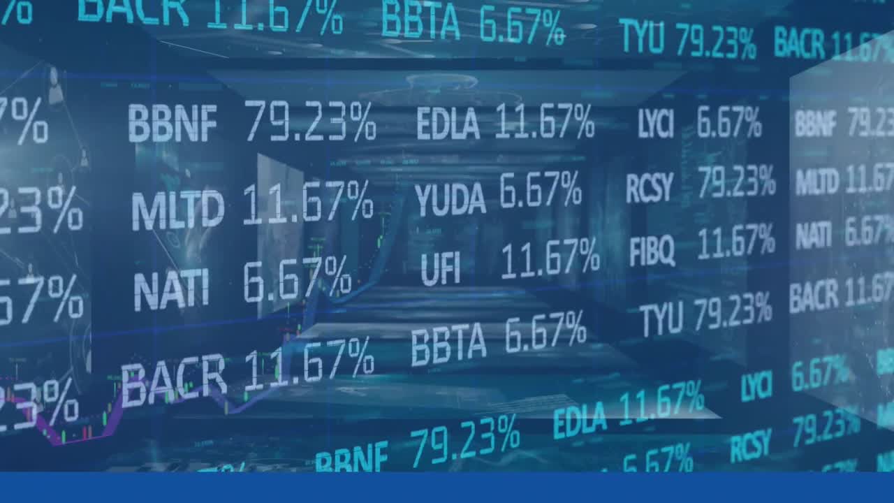 Animation of financial data processing and statistics recording on screens