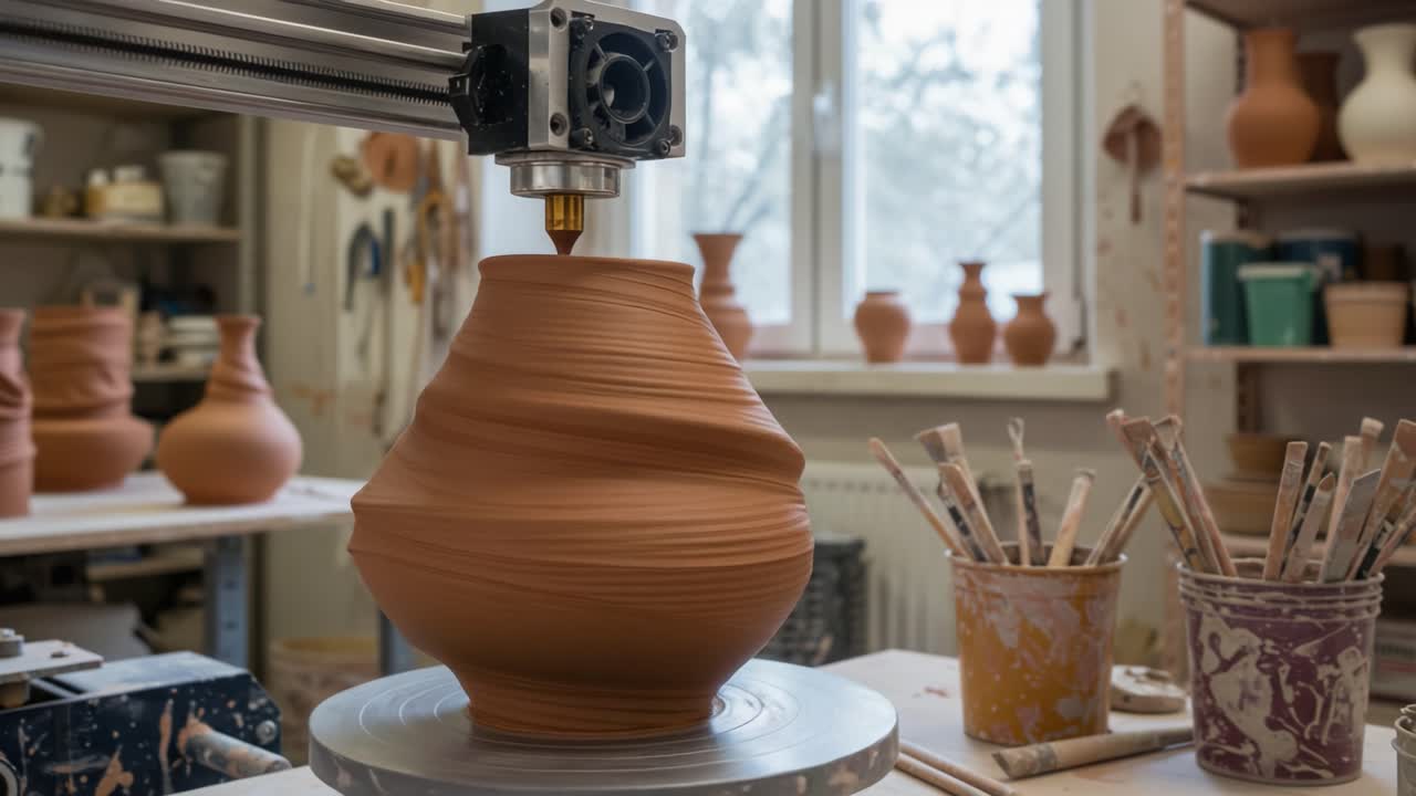 A Pottery Workshop in Action: An Automated Clay Shaping Machine Creating Unique Ceramic Vases with Precision and Craftsmanship in a Creative Studio Environment