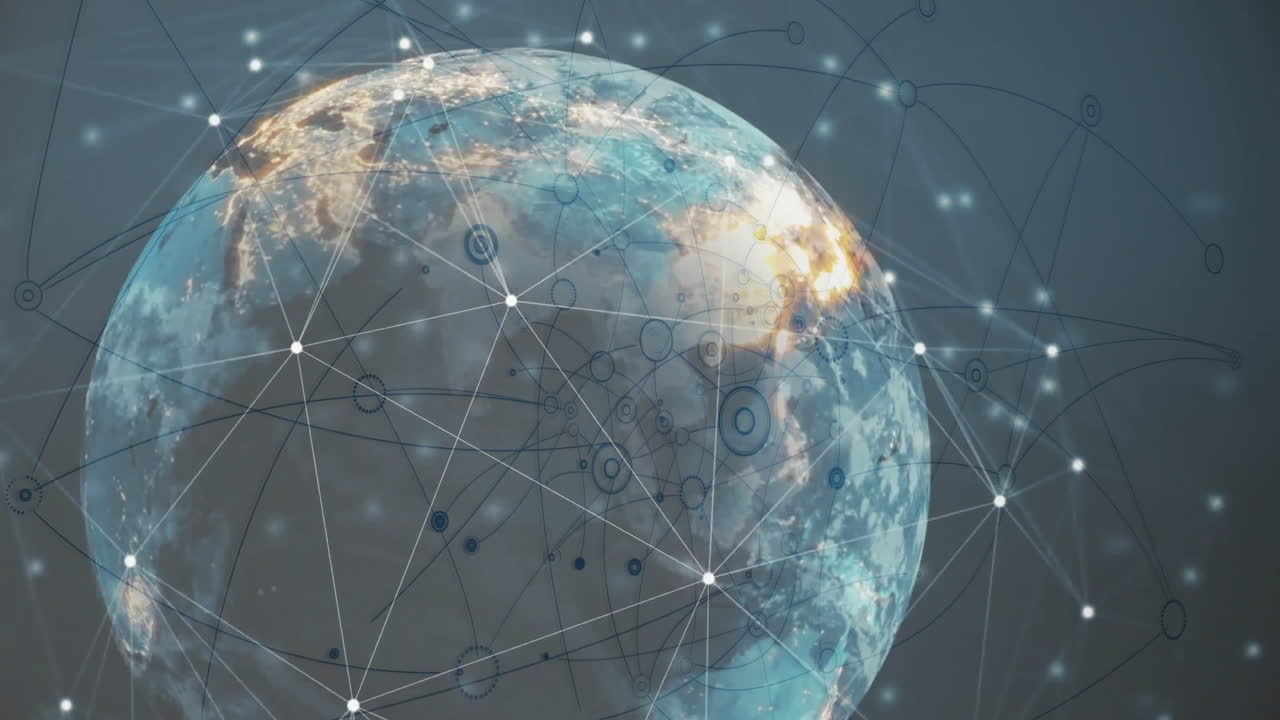 Global network connections and data points over rotating Earth animation
