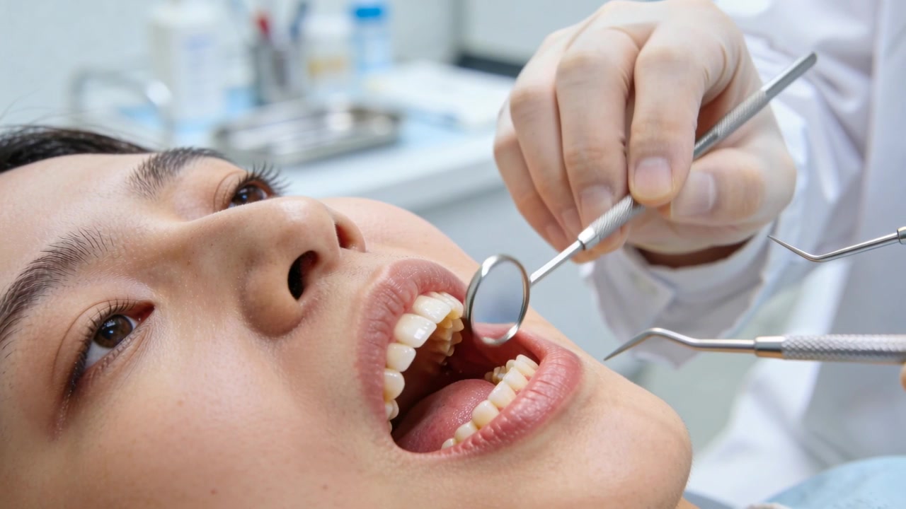 Una mano guantata entra nella bocca, un dentista in camice bianco controlla i denti del paziente usando uno specchietto e una sonda in clinica.