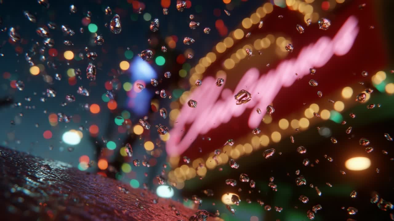 Close-up of Raindrops on a Wet Surface, Blurred Background with Colorful Bokeh Lights Creating a Dreamlike Atmosphere Reflecting the Vibrancy of Nighttime City Life Under Soft Illumination