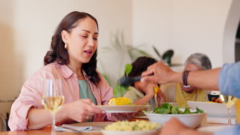 happy family, child or mother eating at dinner