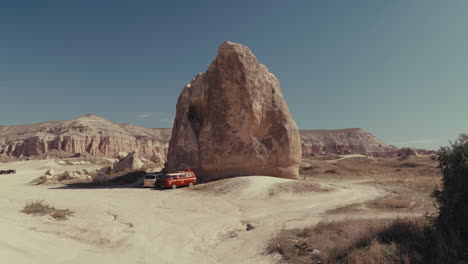 amazing rock formation in cappadocia, turkey with camper van