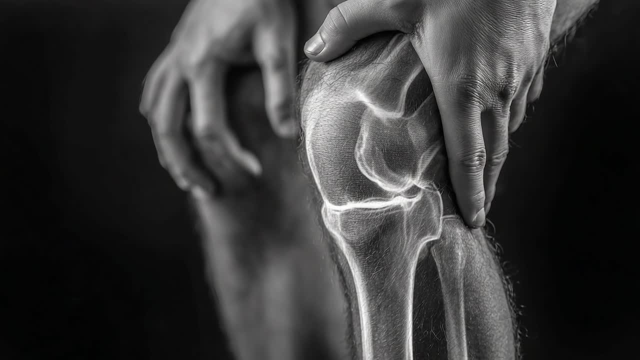 A Close-Up of an X-ray Image Showing the Knee Joint with a Hand Gripping the Leg, Highlighting Anatomy and Potential Injuries or Pain in a Black and White Aesthetic