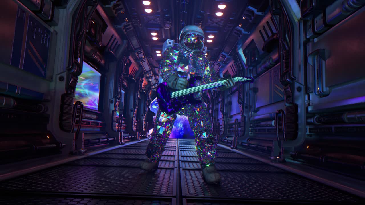 astronauta estrella de roca en un corredor de una nave espacial cósmica