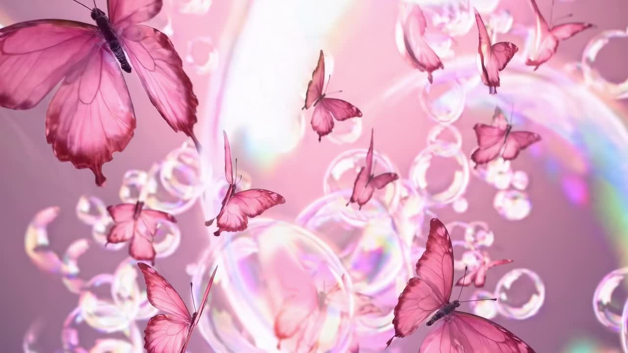 Un video ravvicinato e onirico riprende farfalle rosa e bolle che fluttuano su uno sfondo morbido e pastello.