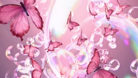 a dreamy, close-up video angle captures pink butterflies and bubbles floating against a soft, pastel