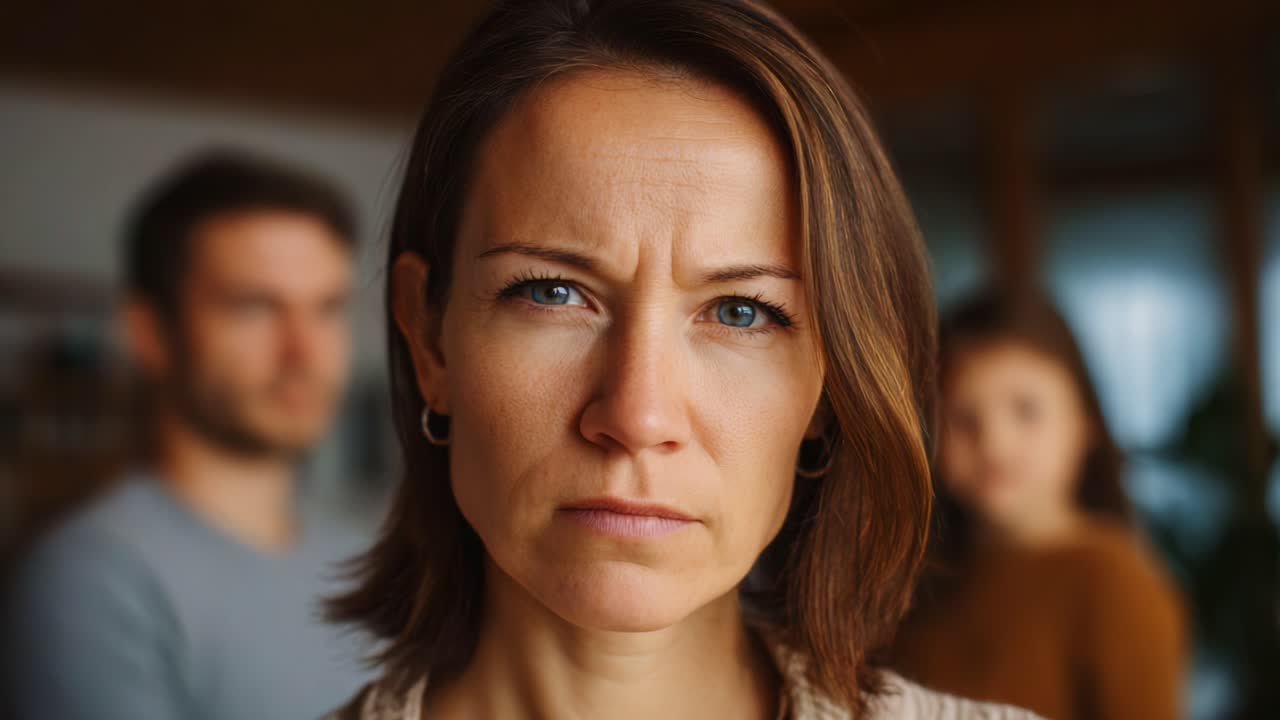 Intense Emotional Moment Captured: A Woman's Piercing Gaze Amid Tension in a Group Setting, Reflecting Conflict and Interest in Personal Dynamics