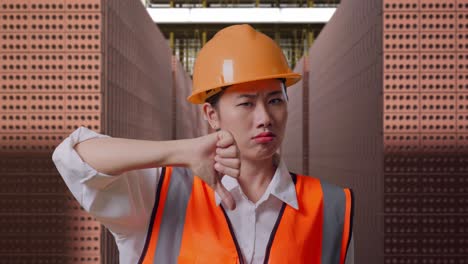 close up of asian female engineer with safety helmet showing thumbs down gesture and shaking her head while standing with red brick packed in stacks are stored