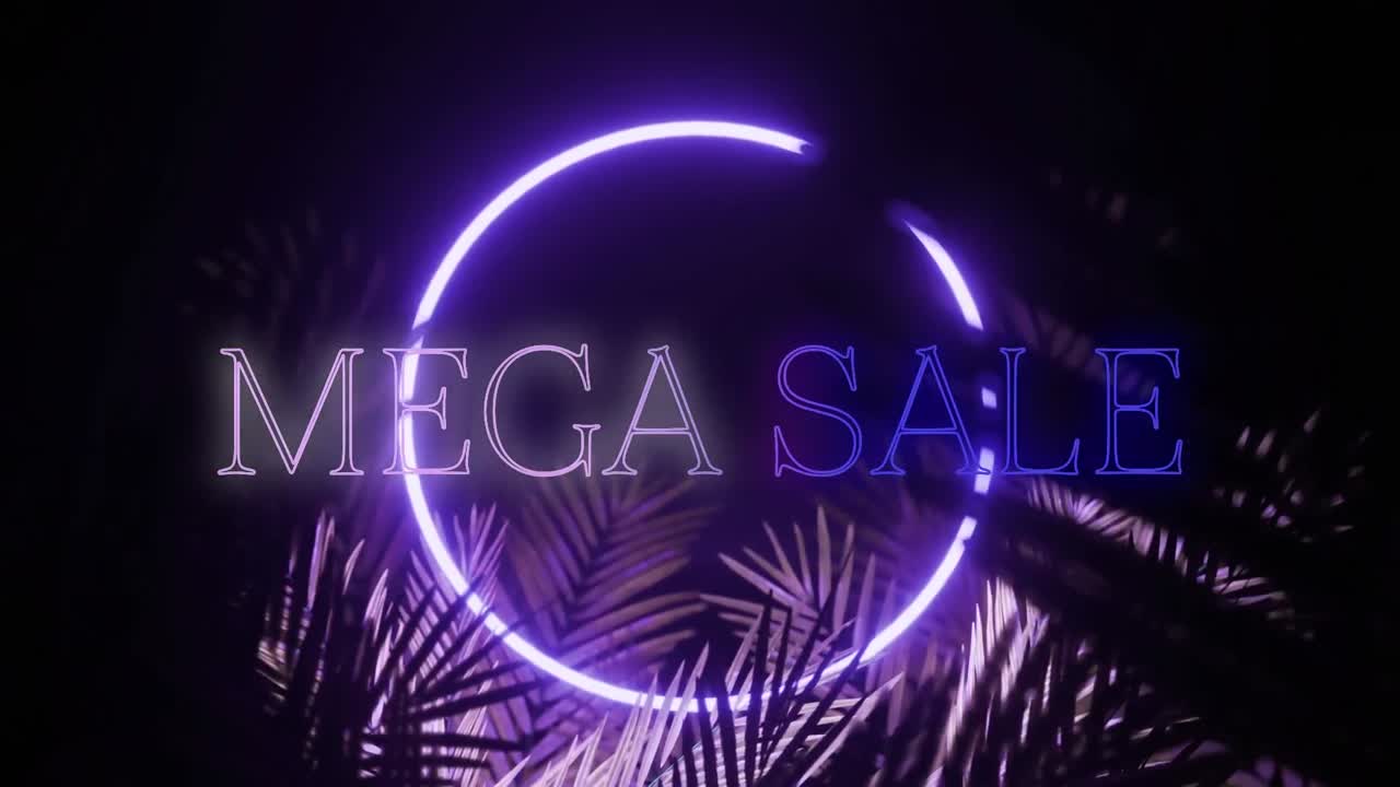 검은색 배경에 잎이 있는 파란색 네온으로 메가 세일 텍스트와 링의 애니메이션