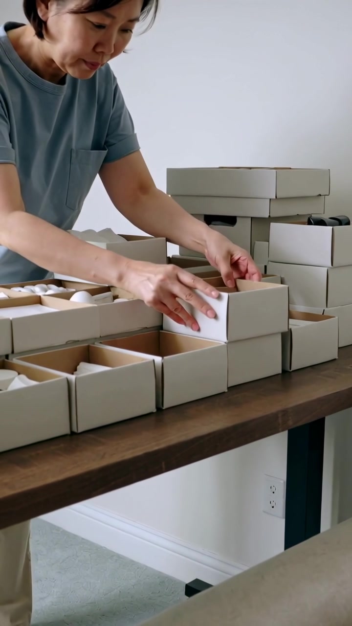 Vertical video: Reaching woman in blue tee sorting white boxes on table for storage, copy space