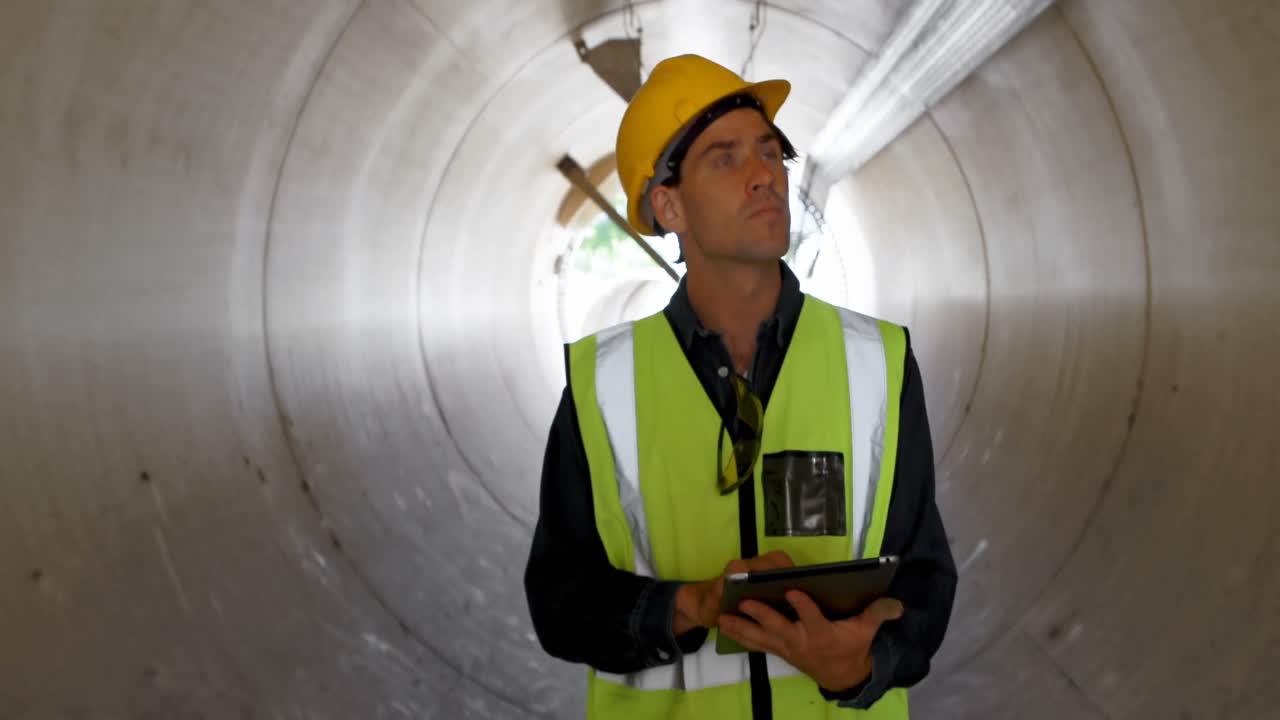 trabajador masculino usando una tableta digital dentro de un túnel de hormigón 4k