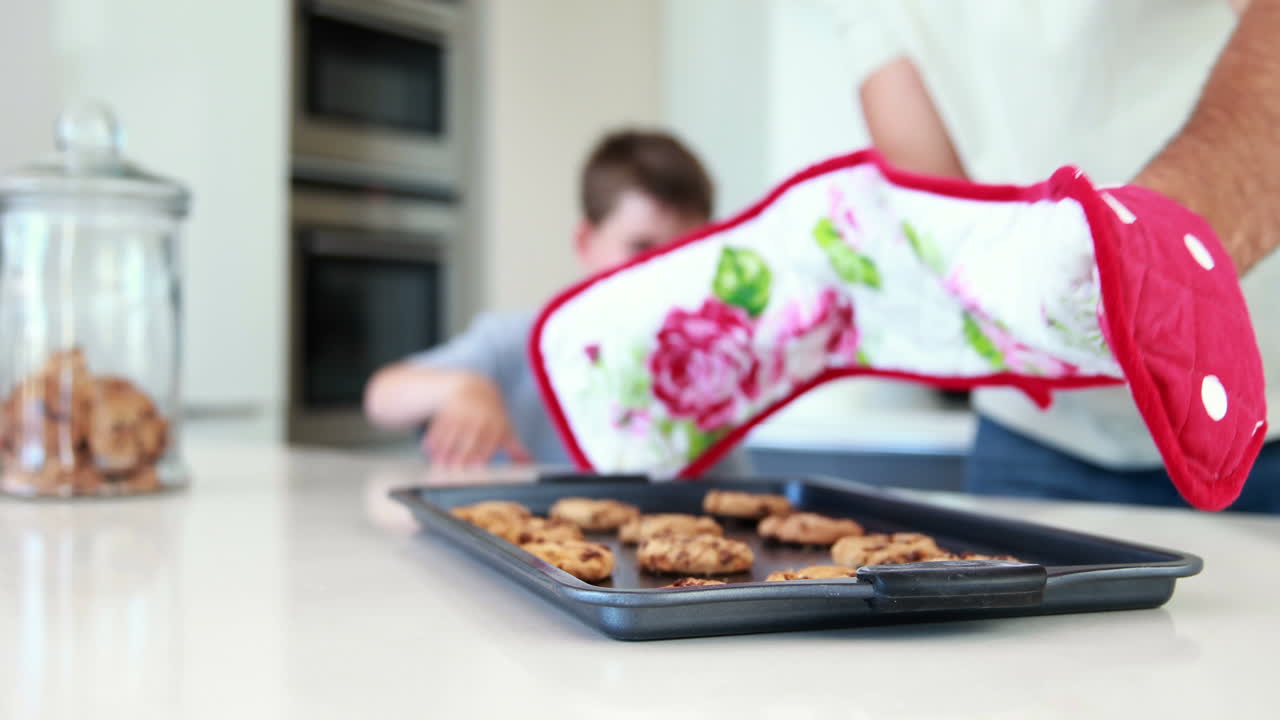 Pai tirando biscoitos quentes do forno com o filho pequeno cheirando-os