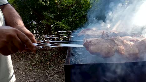 cocinando shish kebab al aire libre