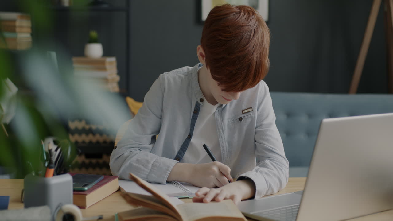 niño adolescente estudiando en casa