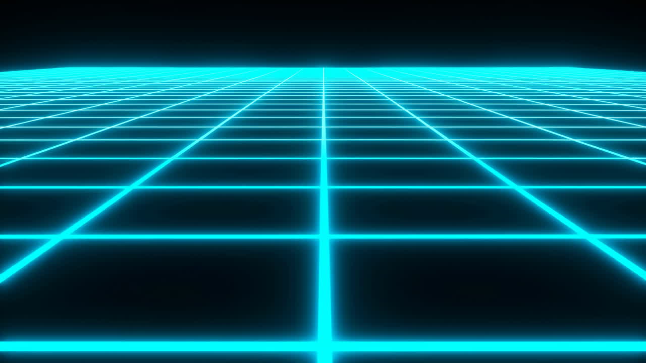 Moving Neon Blue Digital Grid on Black Background