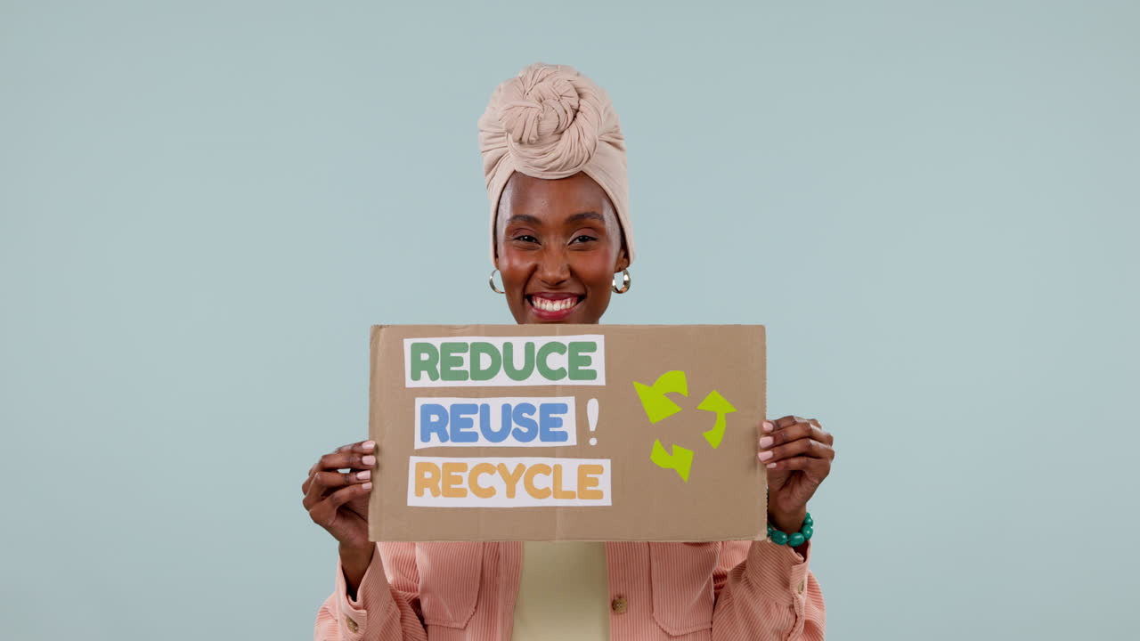 Recycle sign, black woman and face with smile