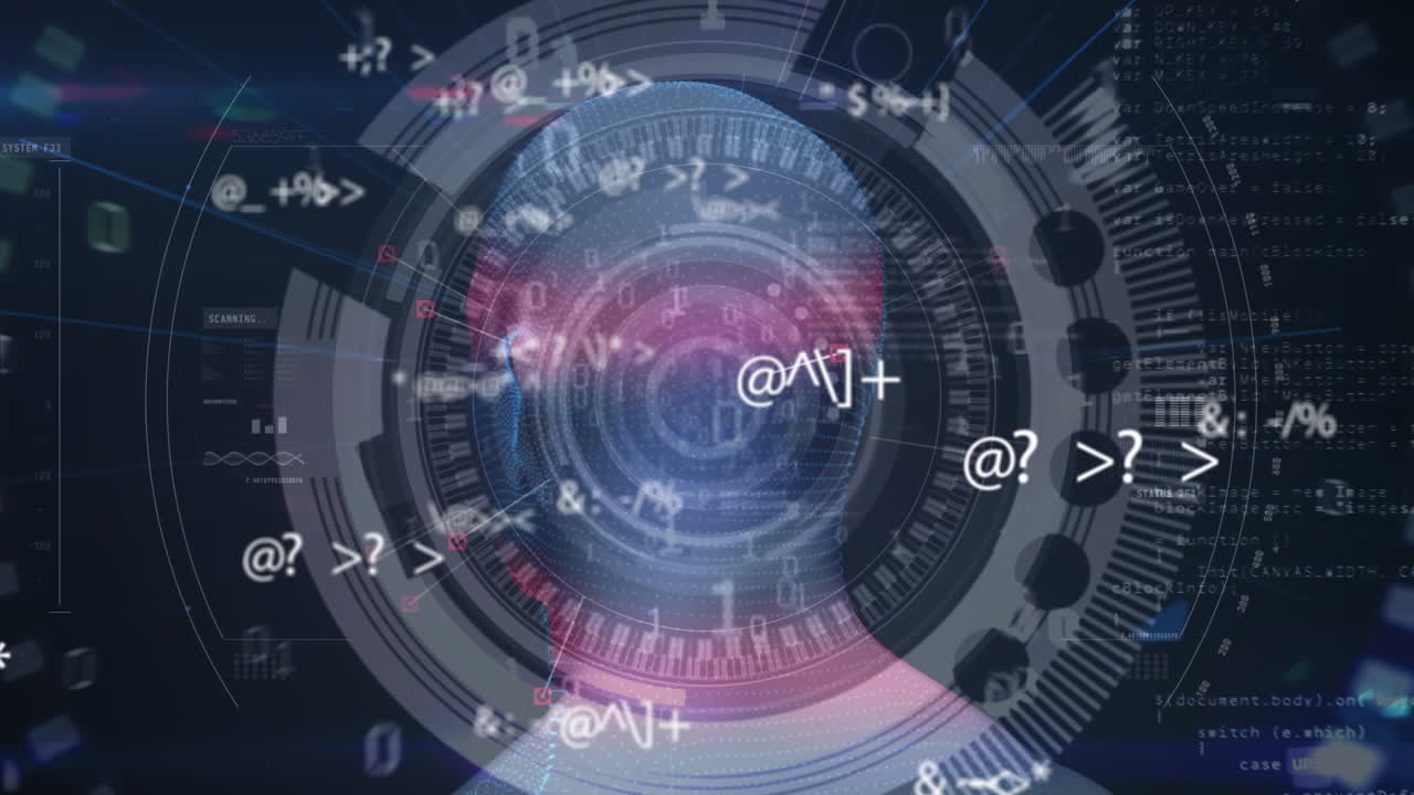 파란색 배경의 둥근 스캐너에 대한 인간 얼굴 모델 위에서 변화하는 기호의 디지털 애니메이션