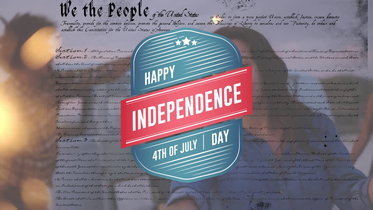 amigos bailando con fuegos artificiales y con la fecha de la independencia y la constitución de estados unidos en primer plano