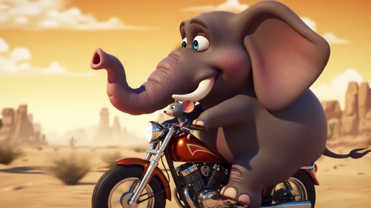 A Humorous Animated Scene Featuring an Elephant Joyfully Riding a Motorcycle Through a Desert Landscape, Emphasizing Fun and Adventure in a Whimsical Style