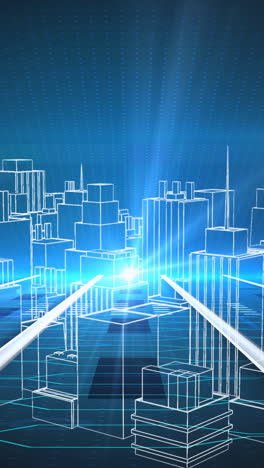 animación de un modelo 3d de la ciudad girando sobre un fondo azul brillante