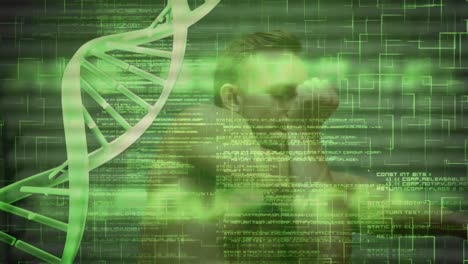 Animation-of-dna-strand-spinning-over-data-processing-and-exercising-strongman