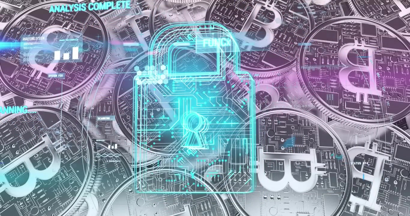 Elaborazione dati su icona di lucchetto di sicurezza su sfondo di monete Bitcoin.