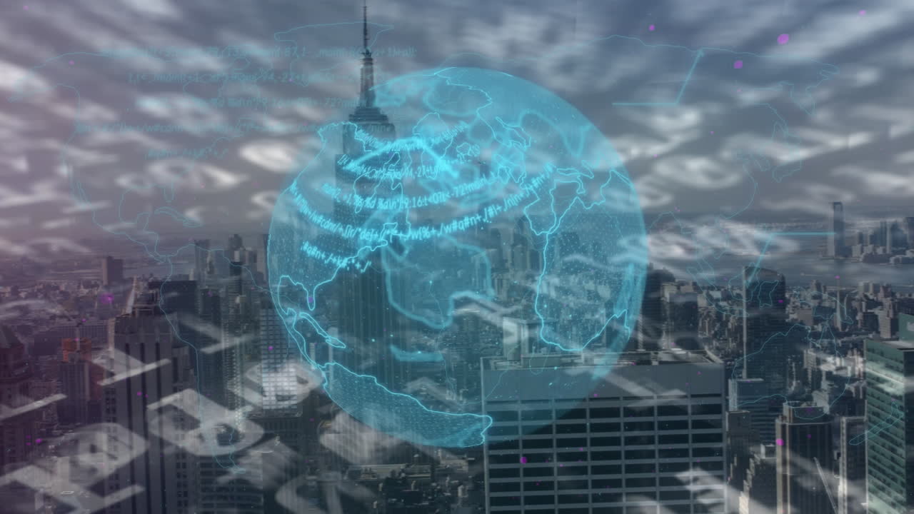 Animation of globe over data processing and cityscape