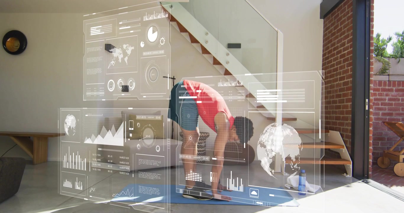 Man initiating forward-fold via hip hinge on blue mat in home fitness, HUD charts guiding stretch