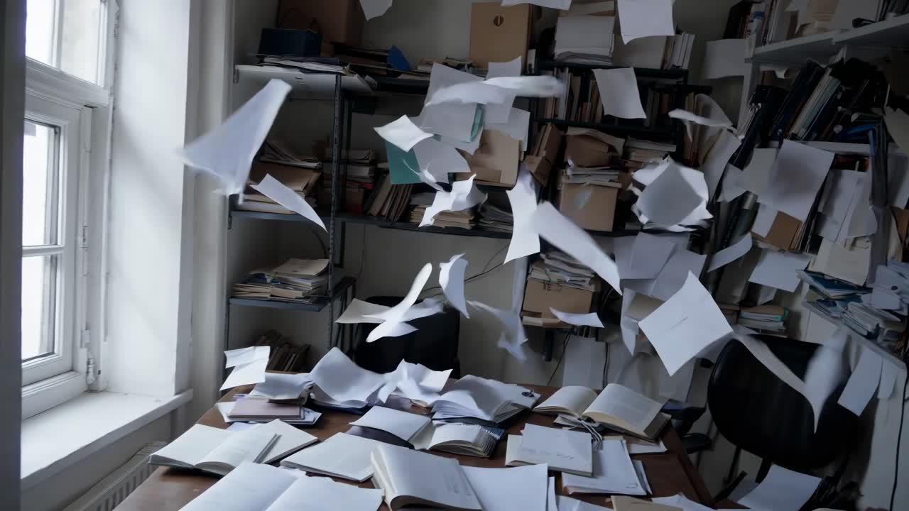 A chaotic office scene with papers flying, captured from a wide-angle view