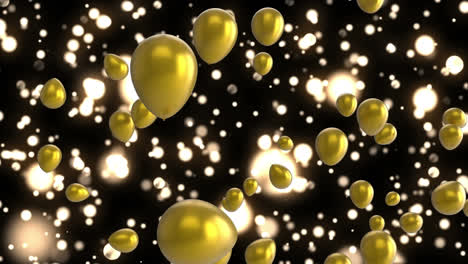 Animation-Von-Goldenen-Luftballons,-Die-über-Leuchtende-Lichter-Fliegen