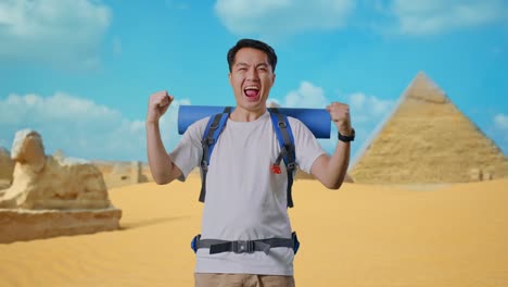 excited traveler in front of the pyramids