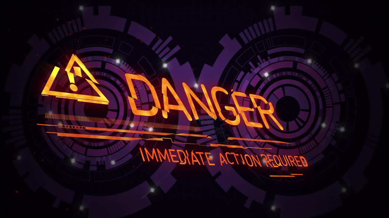 Sliding orange data lines initiating warning, pulsing, forming DANGER, signaling immediate action