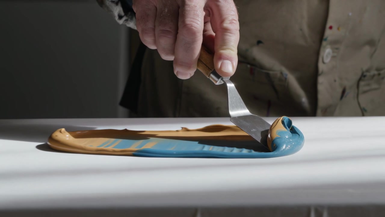 Pulling palette knife touching tan-blue coil on studio canvas, blending ribbon, paint-stained apron